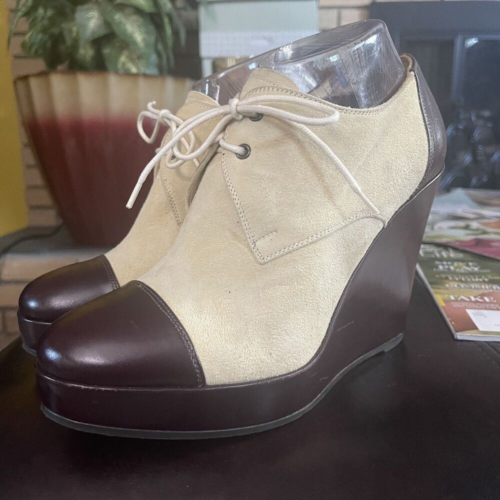 Barneys New York Cream and Brown Wedge Shoes Size 40 Made In Italy US 8.5